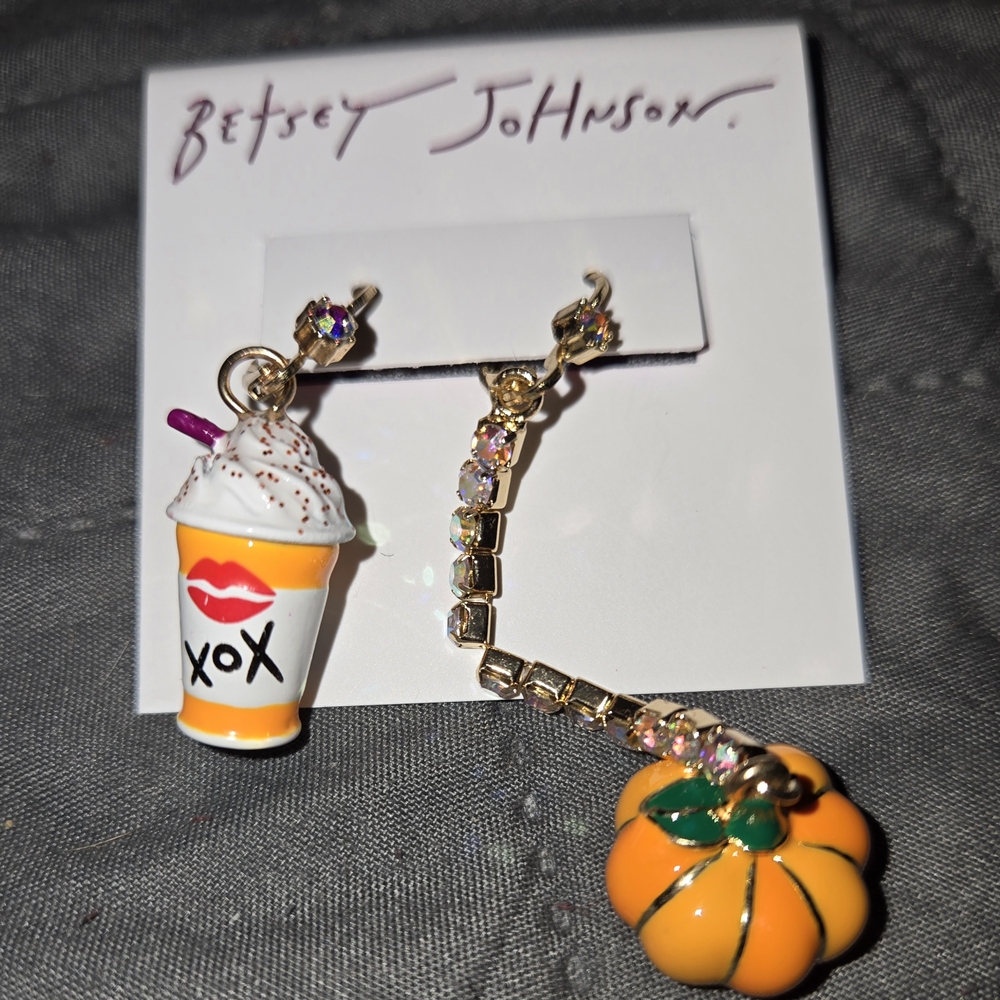 Betsey Johnson Orange Pumpkin and Drink Earrings